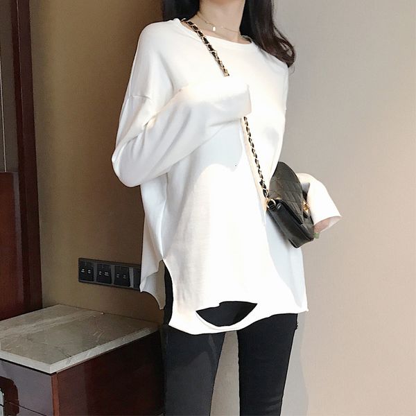 

fall 2020 new korean version versatile round neck long sleeve perforated t-shirt with loose underlay for women