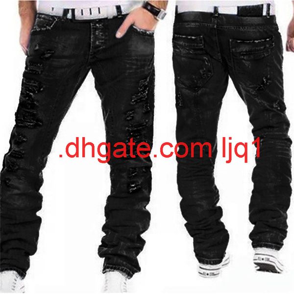 

men's ripped slim fit biker jeans hip hop plus size pants, Blue