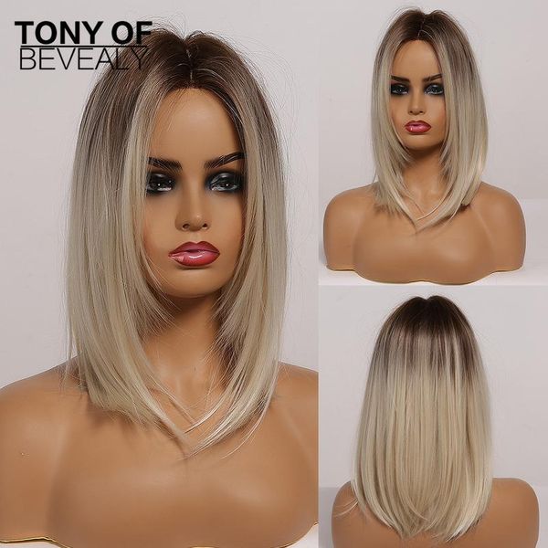 

brown to light blonde ombre волны средние прямые слоистые боб синтетические парики средняя часть для женщин теплостойкий cosp wmtrpv, Black