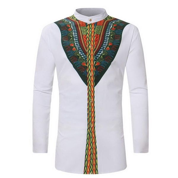 

vintage men ethnic print tees long sleeve stand collar african print dashiki shirt white men clothing, White;black