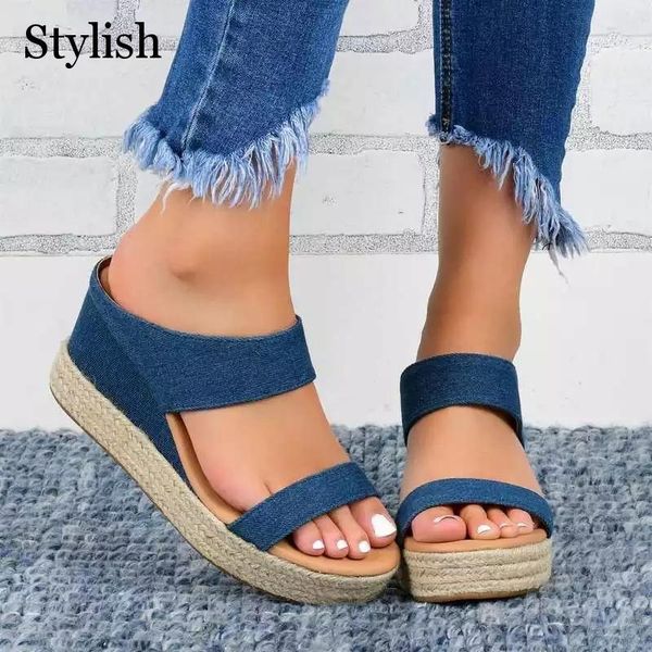 

sandals women platform fashion slip on solid casual wedges shoes slippers rope beach ladies plus size, Black