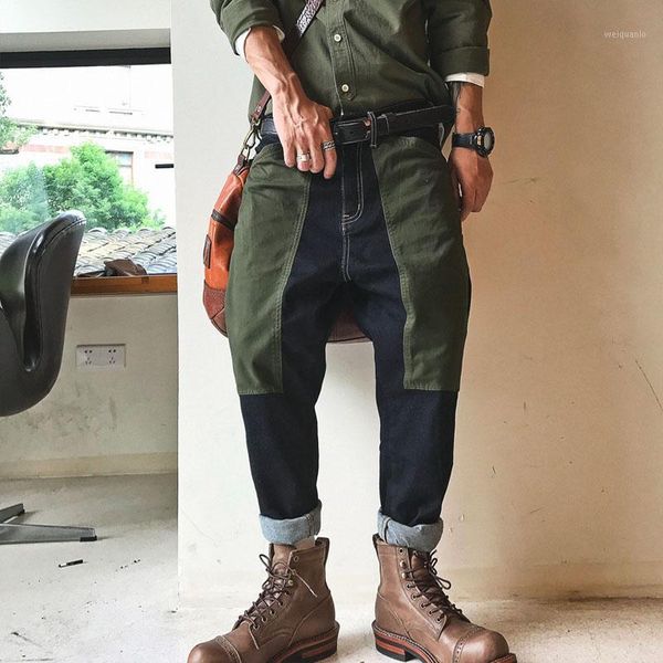 

europe original design men jeans spliced green black long harem pants distressed fashion denim trousers streetwear autumn 20201, Blue