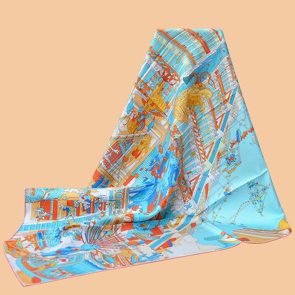 

huajun 2 store||full-page design "la legende du cheval a plumes" 90 silk scarf, twill printing, anti-wrinkle, handmade stitching, Blue;gray