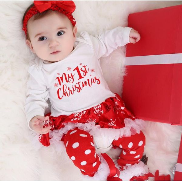 Noel Hediyesi Yenidoğan Giyim Seti Bebek Kız Giydirme Pamuk Mesh Ruffles Kız Vaftiz Örtü 4adet 1 Noel Elbise Seti