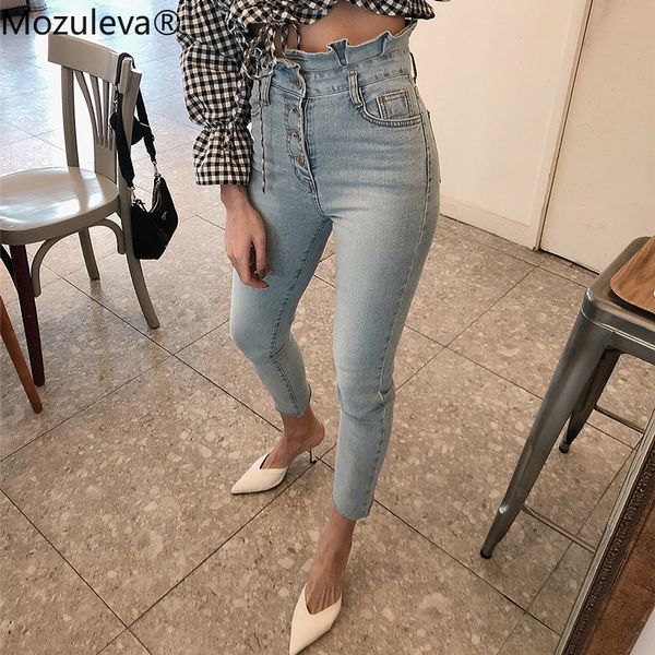 

mozuleva women high waist ruffles jeans pants single-breasted female pencil jeans streetwear women denim skinny trousers 201106, Blue