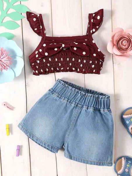 Bebê polka dot impressão plissado guarnição shirred cami top denim shorts ela