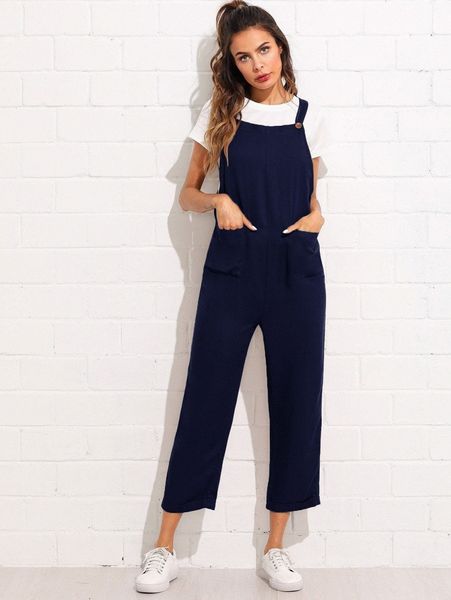 

pocket patched buttoned strap overall jumpsuit 41ju#, White