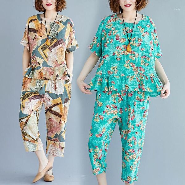 

2020 cotton new print 2 pieces suits for summer loose and slim blouse for women seven minutes casual halon pants two-piece suit1, White