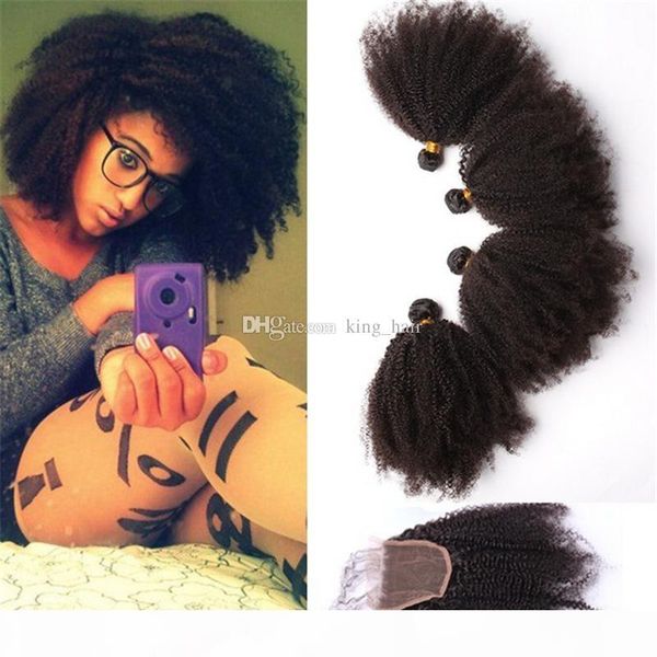 

монгольский 9а богородица человеческих волос afro kinky завитые с кружевом закрытие afro kinky завитые полный шнурок закрытия с волосами свя, Black