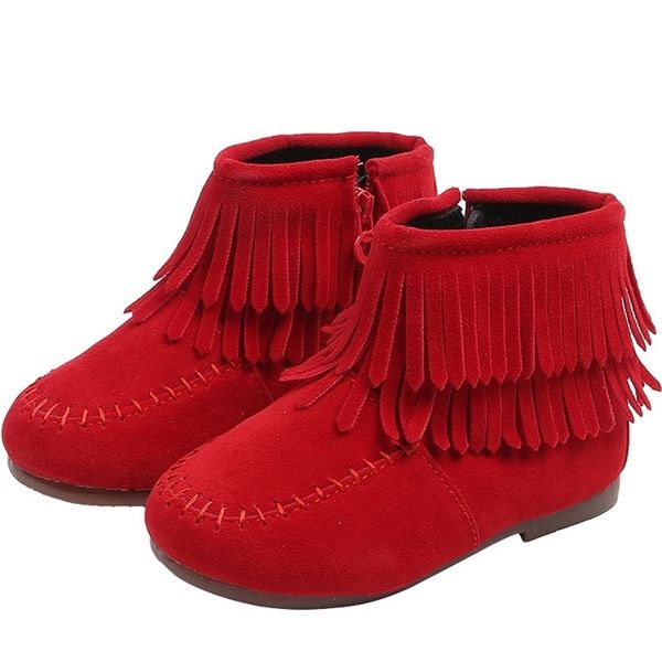 

children girls boots cotton padded tassels child shoes red brown black flock fabric warm rubber boots toddler ankle kids lj201202, Black;grey