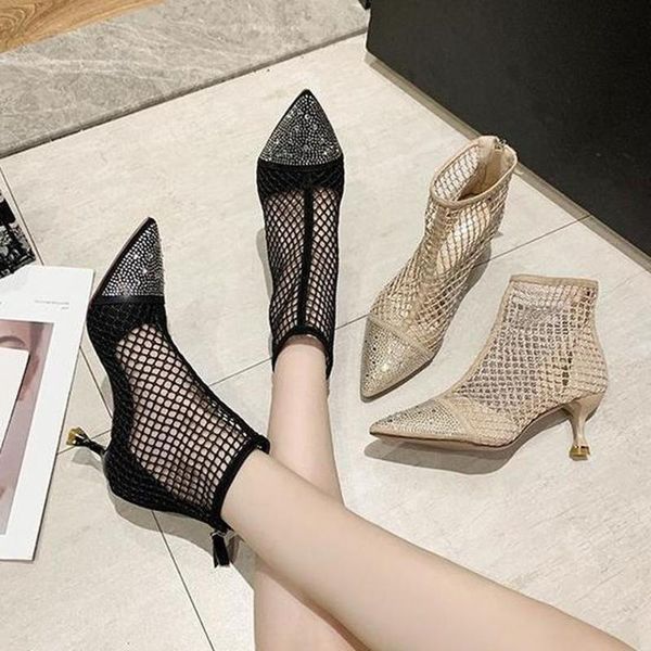 

boots women's summer breathable net red pointed high heel short boots hollow fine heel rhinestone cool women shoes, Black