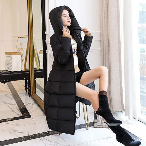 

s-6xl 2021 winter new women's fashion down cotton long hooded down parker cotton jacket thick women's long warm jacket, Black