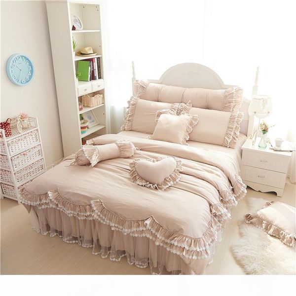 

ruffles lace luxury bedding sets 100% cotton full  king size princess bed set 4 7pcs duvet cover+bedskirt+pillowcases