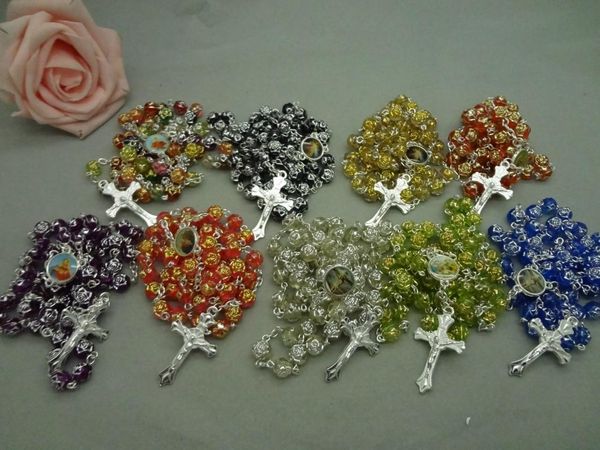 

100th anniversary fatima 8 colors rosary polymer flower bead rosary catholicism necklace pendant jewelry, Silver