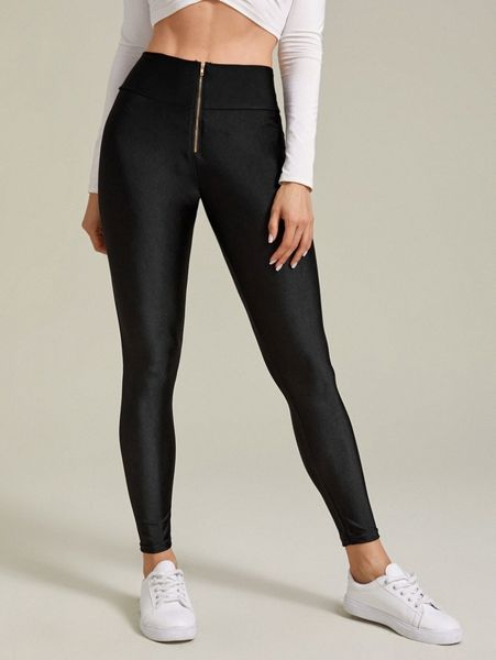 

solid zip front leggings 965y#, Black