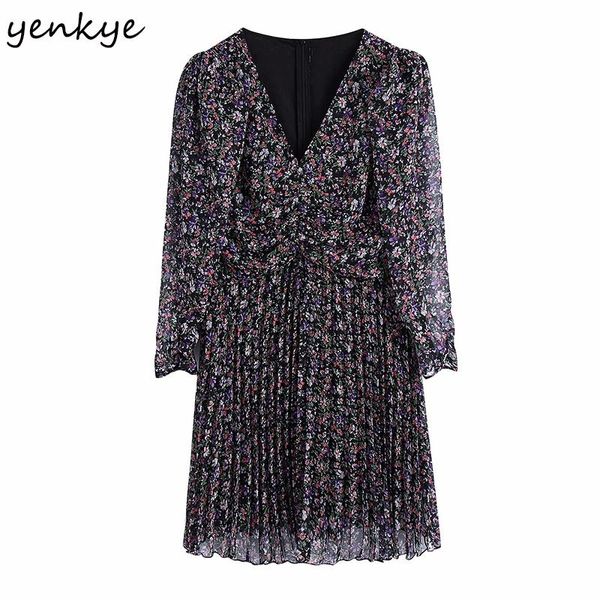 

yenkye vintage floral print mini dress women semi-sheer long sleeve v neck casual pleated dress summer vestido mujer, Black;gray