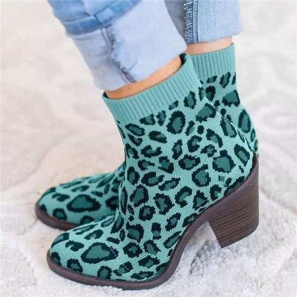 

dropshipping autumn women's knitted female plus size square heels short botas leopard boots slip on elastic sock boots, Black