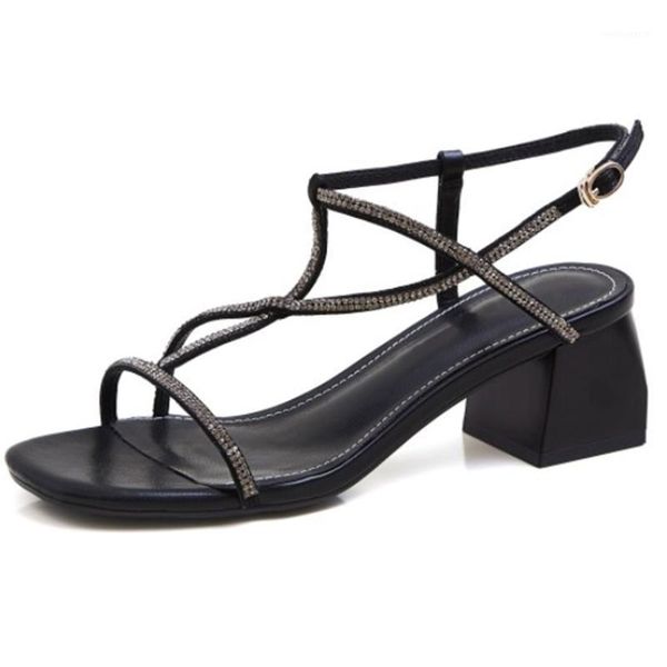 

2021 new superfine fiber women sandals open-toed buckle ladies shoes summer square middle heel slingback women shoes size 34-431, Black
