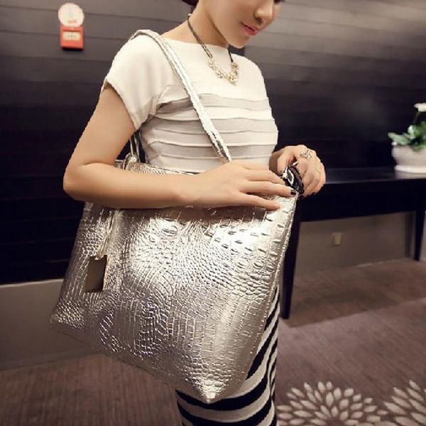 

fashion crocodile tote bag large pu leather women shoulder bags ladies silver gold black handbag female shopping handbags sac