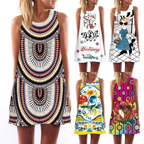 

2021 women summer dress 3d print geometric sleeveless o-neck beatch dress new fashion bohemian casual dresses vestidos, Black;gray