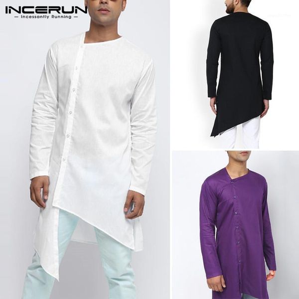 

men's casual shirts men long sleeve button solid color irregular robe clothes vintage streetwear muslim plus size1, White;black