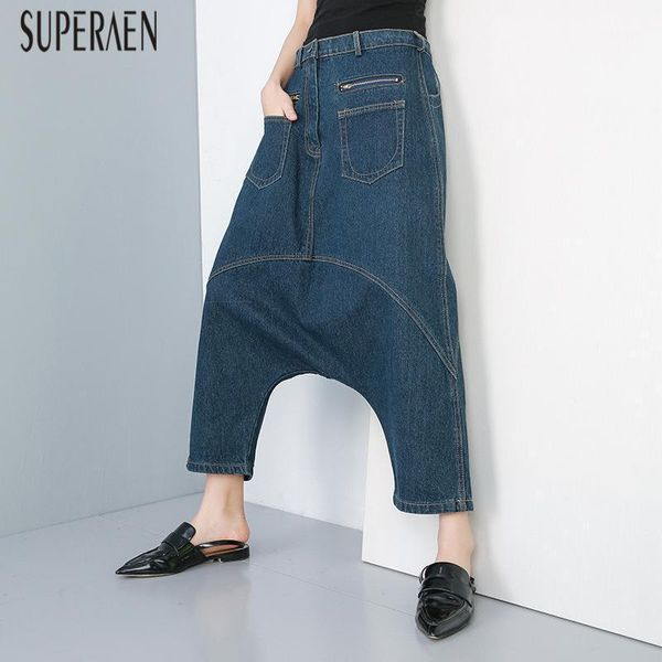 

superaen 2020 summer new women jeans europe loose pluz size ladies harem pants solid color jeans wild casual ankle-length pants1, Blue
