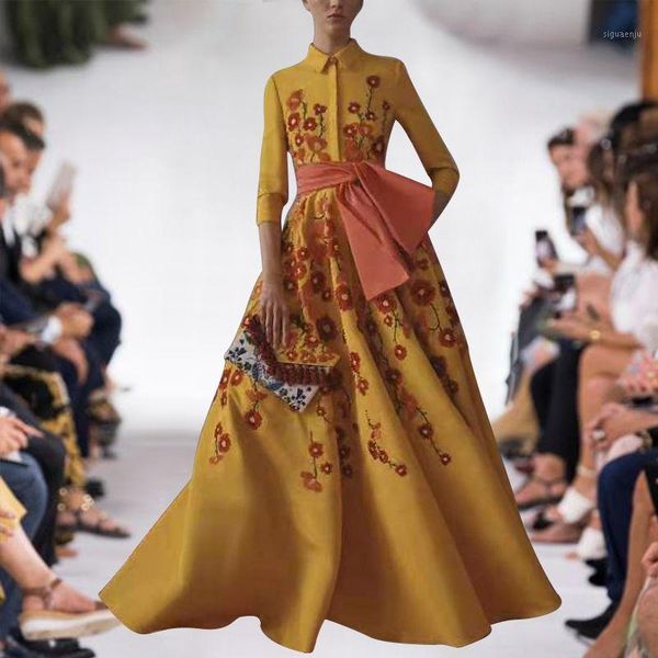 

high fashion womens autumn plus size boho party maxi dress floral print pink satin belt shirt collar yellow long dresses gowns1, Black;gray