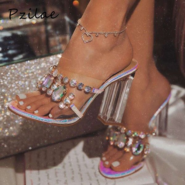 Pzilae 2020 Kadın Sandalet Moda Rhinestone Kristal Kadınlar Yaz Ayakkabı Aç Toe Perspex Yüksek Topuklu Sandalet Parti Pompaları Boyutu 42 x 1020
