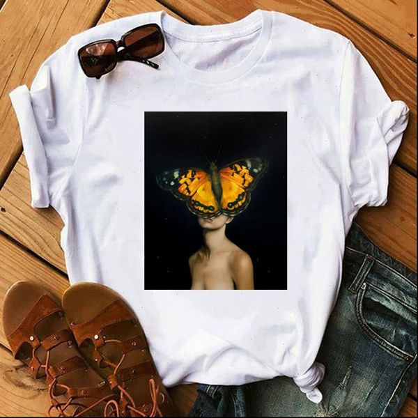 

harajuku aesthetics women tshirt girl and butterfly print short sleeve tees casual female ladies t shirt, White