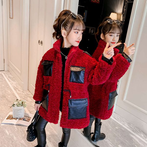 

new sweater 2020 girls' winter thick medium wool long coat middle big children's color matching zipper shirt, Black