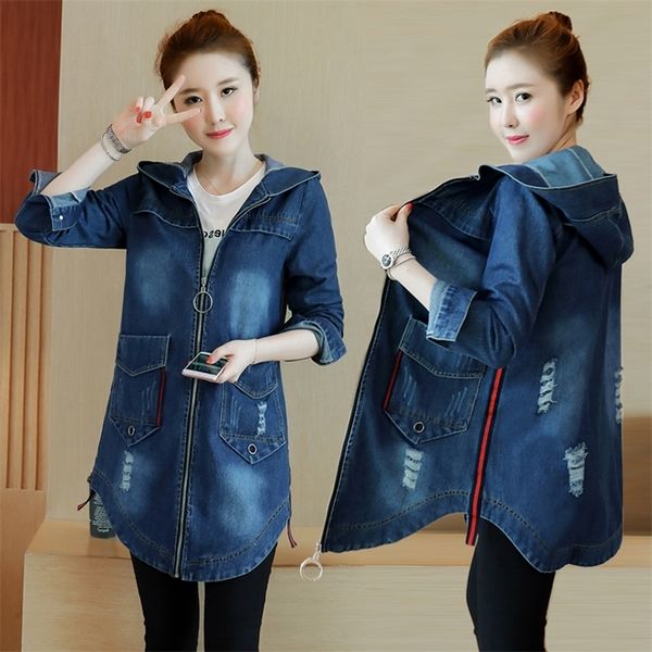 

spring new women denim jacket fashion solid color large size outerwear medium long hooded zipper slim women cowboy coat 400 201210, Black;brown