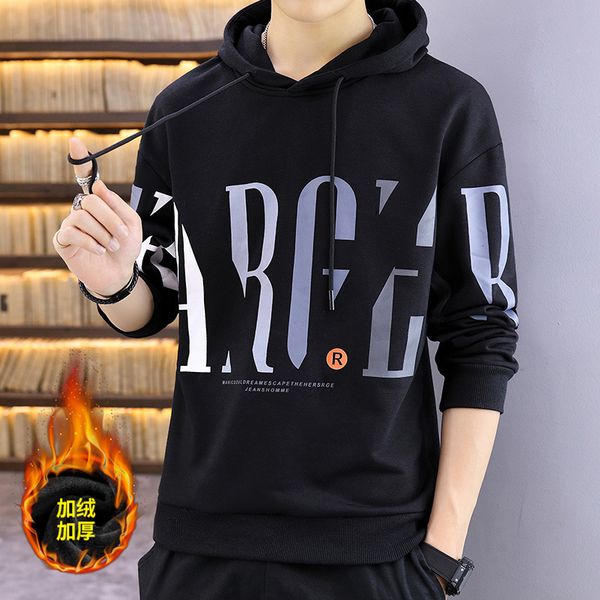 

hooded men's new plush warm clothing in autumn and winter 2020, Black