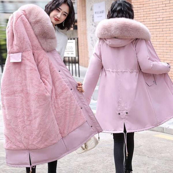 

2021 new father overcome beige female coat woman winter mid-length korean student big fur collar jacket ek7y, Black