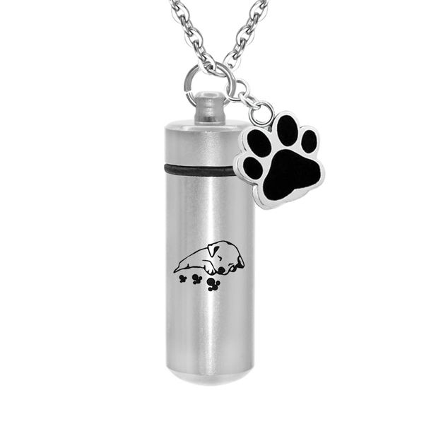 

pet paws ashes urn jewelry for sleepy dog aluminum alloy cylinder cremation urn ashes memorial pendant keepsake necklace, Silver