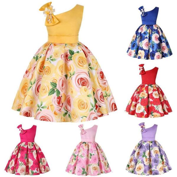 

rose shoulder children's new print slant girls' evening performance drs, Red;yellow