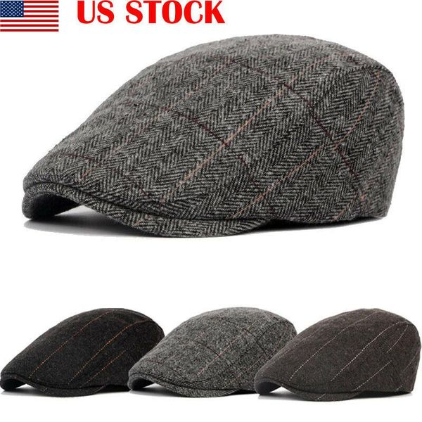

2020 autumn winter men cap hats berets british western style wool advanced flat ivy cap classic vintage striped beret, Blue;gray