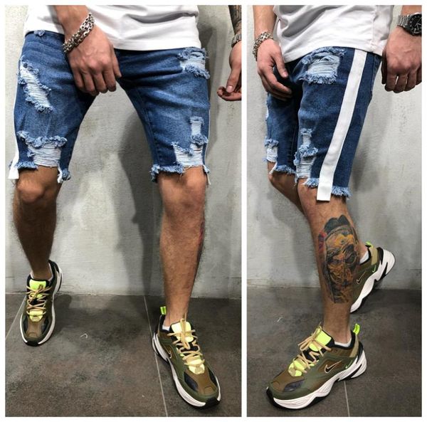 

men's jeans fashion side stripe shorts for men ripped hole male short denim pants summer slim casual streetwear blue 3xl