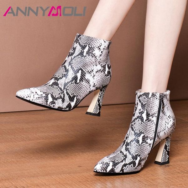 

boots annymoli autumn ankle women natural genuine leather extreme high heel short snake print zipper shoes lady size 34-39, Black
