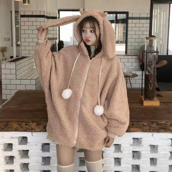 

women's zip streetwear sleeves sweet rabbit hoody full fashion white women hoodie coat cute winter ear sweatshirts gkdwl, Black