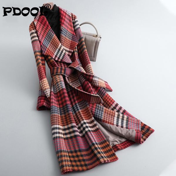 

autumn winter plaid woolen coats for women elegant vintage sashes jacket wool coat ladies long parka plus size, Black