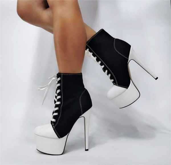 

drop shipping new girls black white patchwork high heel ankle boots woman fashion round toe platform lace up short boots