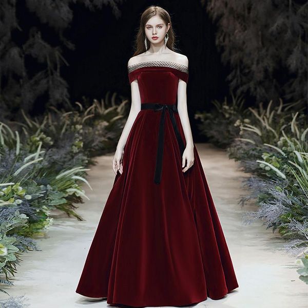 

new simple vintage burgundy evening dress boat neck flooe-length velour long prom formal gown vestido de noche, White;black