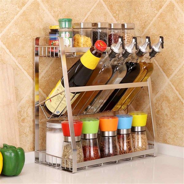 3 camadas Cozinha Spice Cremalheira 304 Bancada de Aço Inoxidável Spice Spice Garrafa Prateleira Cozinha Organizador Prateleira Suporte de Armazenamento Preto Y200429