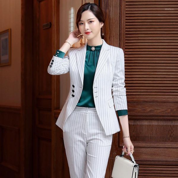 

professional women's pants suits two-piece suit 2020 new temperament slim white striped jacket office skirt suit feminine1, White;black