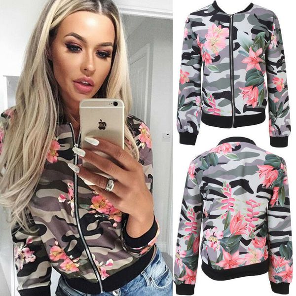 

fashion womens ladies print jackets retro floral zipper up bomber jacket casual coat outwear s-xl, Black;brown