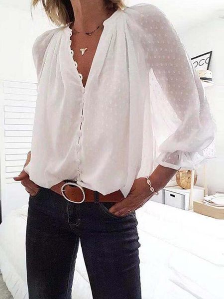 

women fashion summer new v-neck dots button long sleeve brief blouse, White