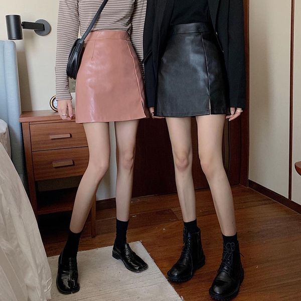 

pu leather fashion women a-line women skirts autumn winter pink &black high waist good quality lady skirt