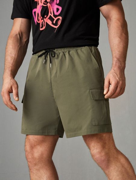 

extended sizes men flap pocket side drawstring waist shorts f6aq#, Black