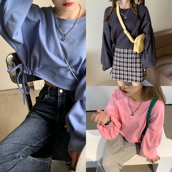 

i4xsn uymak korean drawstring women's 2020 fall new loose and slim versatile short sense chic long sweater sweater sleeve design, Black