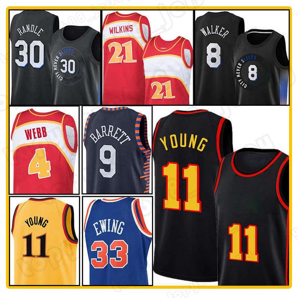

trae 11 young jersey 4 spud webb basketball rj 9 barrett retro patrick 33 ewing julius 30 randle derrick 4 rose kemba 8 walker men city jers, Black;red
